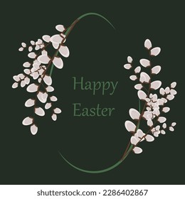 Banner with willow branches around green egg and Happy Easter inscription.