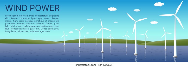 Banner of wind power on the water. The concept of renewable, alternative wind power. Space for text. Vector illustration, flat style