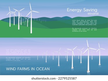 Banner wind turbines in mountains and ocean. The concept of alternative electricity production. Wind farms on natural background.