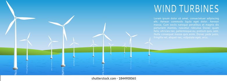 Banner of wind turbines on the water. The concept of renewable, alternative wind power. Space for text. Vector illustration, flat style