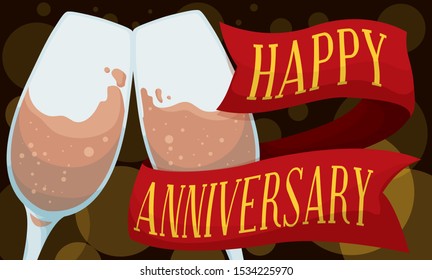 Banner with wine glasses and delicious, bubbly champagne clinking with a greeting red ribbon in a happy anniversary night with bokeh effect.