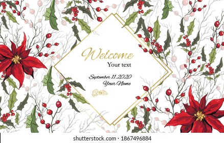 banner of winter flowers (poinsettia,  mistletoe, Holly) isolated on a white background. Realistic hand-drawn floral composition for seasonal cards, posters. vintage style