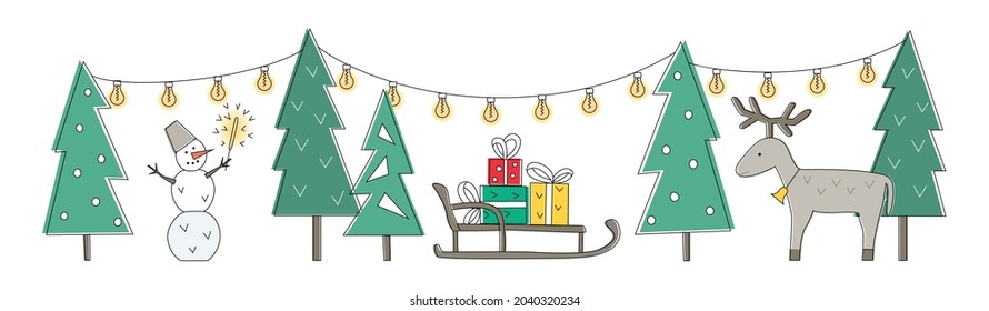 Cartel con bosque de invierno. Ilustración vectorial brillante para tarjeta, mensaje, web. libro, paquete, caja de regalo, envoltura