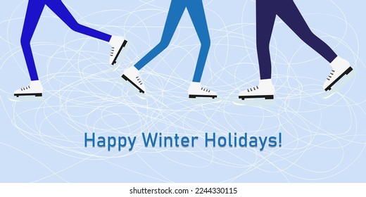 Banner, Winter-horizontaler Hintergrund mit Eis, Männer- und Frauenbeinen mit Skaten und die Aufschrift "Frohe Winterferien"