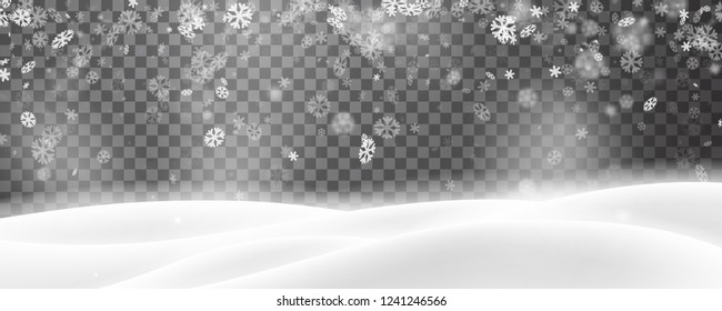 Banner with winter landscape and snowflakes on transparent backdrop for seasonal, Christmas and New Year decoration. Vector background.
