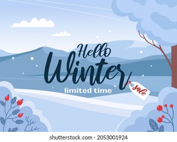 Banner winter sale. Beautiful bright landscape. Mountains and snow, berries. Azure mirror frozen water surface of lake. Vector Illustration for background, website, posters, postcards.