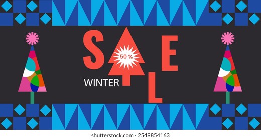 A banner for the winter sale.  Bright design in a modern geometric style. A template for social networks and posters. Vector illustration.