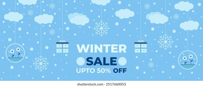 Banner for the winter sale with clouds, snow, snowflakes, flowers, and gifts. Vector illustration.