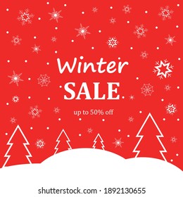 Banner winter sale on red background with trees and snowflakes. Vector illustration