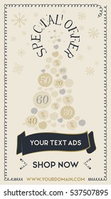 Banner winter sale with ribbon, tree and snowflakes