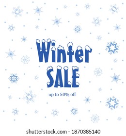 Banner winter sale with snowflakes on white background. Vector illustration