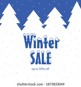 Banner winter sale with trees on blue background. Vector illustration