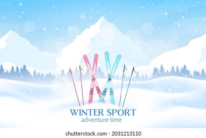 Banner of Winter Sport. Ski, poles. Mountain landscape. Travel concept of discovering. Adventure. Minimalist graphic flyer. Polygonal flat design for coupon, voucher, gift card. Vector illustration.