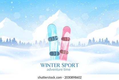 Banner des Wintersports. Snowboard. Berglandschaft. Reisekonzept der Entdeckung. Abenteuer. Minimalistische Grafik-Flyer. Polygonal flaches Design für Coupons, Gutscheine, Geschenkkarten. Vektorgrafik.