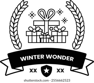 A banner for Winter Wonder with a ribbon and presents