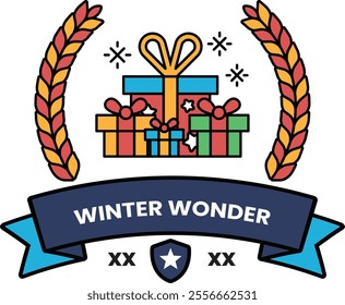 A banner for Winter Wonder with a ribbon and presents