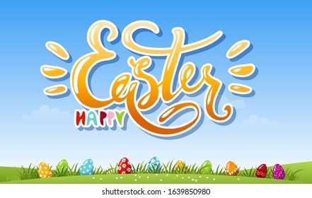 Banner wish a happy Easter, lettering against the sky with a grassy meadow with decorated eggs. Beautiful holiday poster, postcard. Cartoon vector design