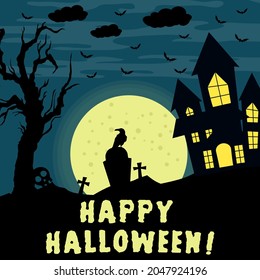 Banner with a wish for a "Happy Halloween". Lonely tree with a skull nearby. Glowing moon in center of the picture. Too many bats in night sky of cemetery Halloween illustration.