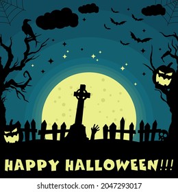 Banner with a wish for a "Happy Halloween". Trees and scary pumpkins. Glowing moon in center of the picture. Stars and bats. Night cemetery with broken fence Halloween illustration.