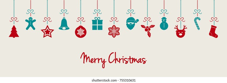 Banner with wishes and hanging Christmas decoration. Vector.