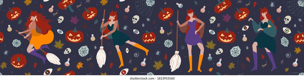 Banner with a witch flying on a broom, pumpkins, potions, spiders and witchcraft elements. Halloween vector flat illustration