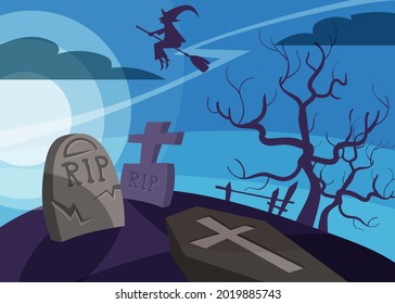 Banner with witch flying over the cemetery. Halloween placard design in cartoon style.