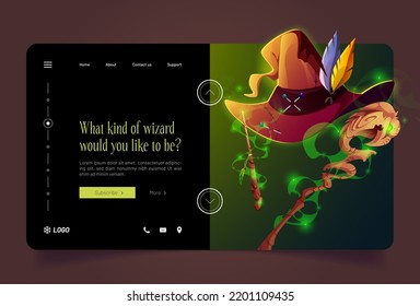 Banner Of Wizard Kinds. Landing Page Of Witchcraft And Mystery With Magic Staff, Wooden Wand With Green Glow And Sorcerer Hat With Pins And Feathers, Vector Cartoon Illustration