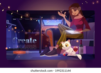 Banner with woman artist on attic at night. Girl painter sit on sofa and draw. Vector landing page of creative work and hobby with cartoon illustration of mansard cozy interior, woman with pen and cat