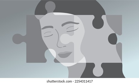 Banner with woman with closed eyes and jigsaw, puzzle pieces. Dimension 16:9. Vector illustration.