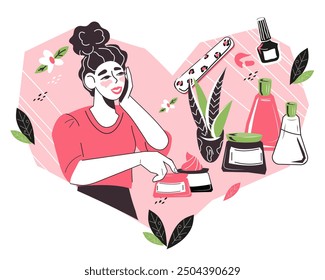 Banner with woman doing everyday hygiene routine or home skincare procedure, flat vector illustration isolated on white. Woman applying beauty care products.