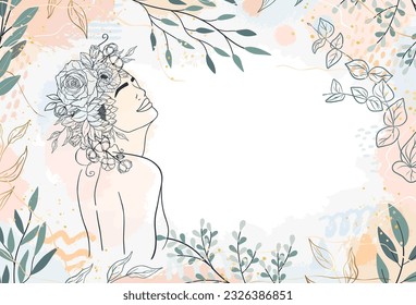 Banner of woman figure with flowers, leaves, shapes in line art. Gentle silhouette young girl, bouquet, brush, drop, stroke of paint. Female portrait floral vector illustration. Abstract background