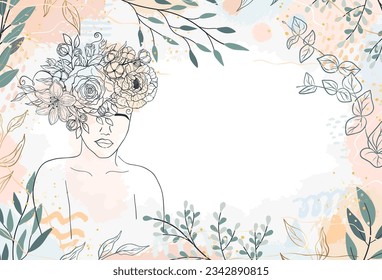 Banner of woman figure with flowers, leaves, shapes in line art. Gentle silhouette young girl, bouquet, brush, drop, stroke of paint. Female portrait floral vector illustration. Abstract background