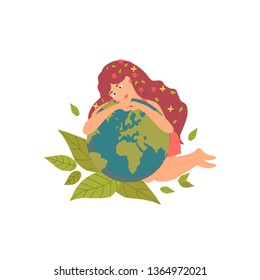 Banner with woman with  our planet, can be used as greeting card, flyer, poster for Earth Day. Green day concept. Vector illustration