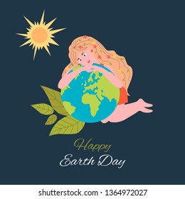 Banner with woman with  our planet, can be used as greeting card, flyer, poster for Earth Day. Green day concept. Vector illustration
