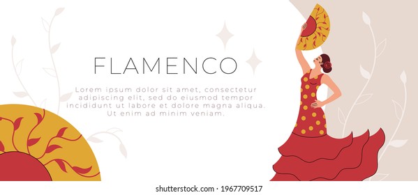 Cartel con una mujer con un vestido rojo bailando flamenco y sosteniendo un ventilador. Joven bailarina interpreta flamenco. Ilustración plana vectorial de moda con líneas.luna y estrellas en el fondo. 