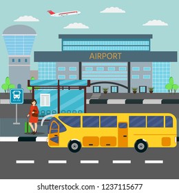 Banner. The woman waiting at the stop bus, airport in the  background. Travel and Tourism Concept.  Vector illustration.