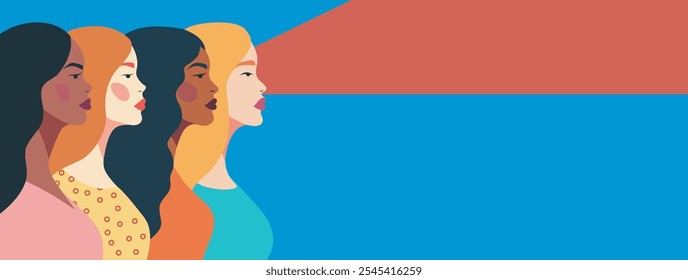 Banner women of different cultures and nationalities stand side by side together. Women's day. Vector creative banner place for text