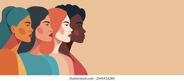 Banner women of different cultures and nationalities stand side by side on beige background. Concept of movement for gender equality and women empowerment. Women's day. Vector creative banner