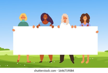 Banner with women of different nationalities. Standing girls are holding a poster with place for text. Concept for the holiday, environmental protection, friendship. Vector illustration