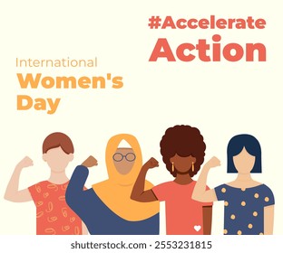 Banner Women's Day. #AccelerateAction. IWD 2025 campaign Accelerate Action. Women of different ethnicitie. March 8. Isolated Faceless vector illustration.