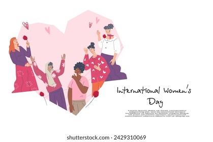 Banner for Womens day with diverse female characters. Feminism, women solidarity, and girls power, flat vector illustration isolated on white background.