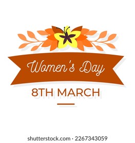 A banner for women's day with a flower and a ribbon that says women's day on it.