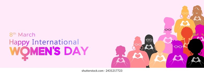 Banner of womens day with March 8, Happy international women's day text.