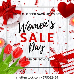 Banner for Women's Day sale. Top view on composition with red tulips, gift boxes, red case for ring and candles. Vector illustration with serpentine and confetti on wooden texture.