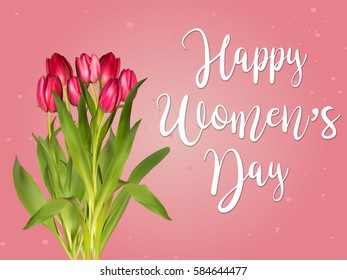 Banner for Women's Day sale with tulips. 8 March Mothers day girl design vector illustration on pink background.