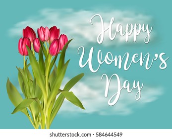 Banner for Women's Day sale with tulips. 8 March Mothers day girl design vector illustration on sky background.