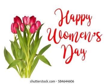 Banner for Women's Day sale with tulips. 8 March Mothers day girl design vector illustration on white background.