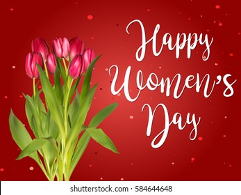 Banner for Women's Day sale with tulips. 8 March Mothers day girl design vector illustration on red background.