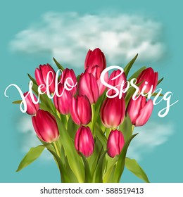 Banner for Women's Day sale with tulips. 8 March Mothers day girl design vector illustration on sky background.