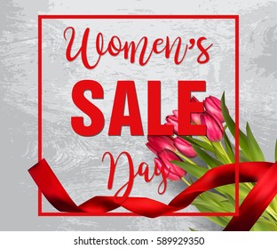 Banner for Women's Day sale with tulips, satin ribbon. 8 March Mothers day girl design vector illustration on wooden background.